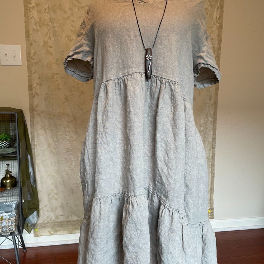 Francesca Bettini Women's 100% Linen Midi Dress Size M Gray Tiered Design Boho - Picture 8 of 13